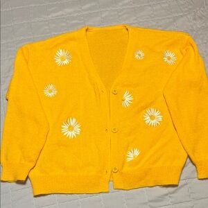 Bright Yellow Women's Cardigan with Floral Embroidery